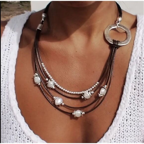 Boho Style Pearl Bead Brown Cord Layered Necklace with Statement Ring Accent - Picture 1 of 16